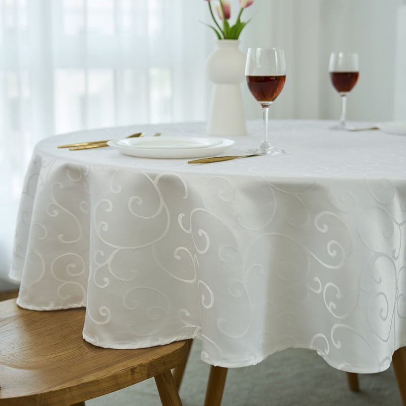 Nappe décorative Jacquard imperméable, épaisse et élégante, de qualité supérieure, à motif damassé uni volutes, résistante aux liquides taches, blanche, forme oblongue (152 x 305 cm)