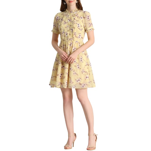 INSPIRE CHIC Women's Floral Ruffle Decor Puff Short Sleeves Chiffon Dress M Yellow