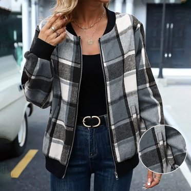 Vestes en Plaid pour Femmes avec Poches Décontractées à Fermeture Éclair Surchemises en Flanelle Manches Longues Coupe Ample Manteau de Voyage Vêtements d'Automne Gris TTG