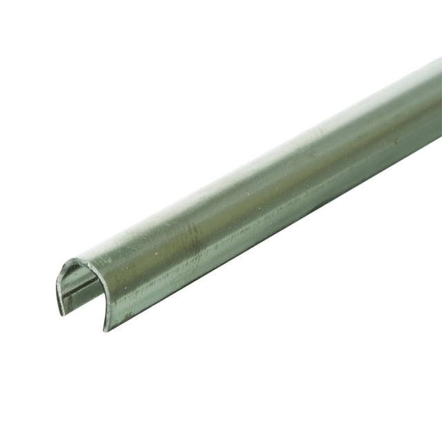 Prime-Line D 1579-C 1/4 x 48 In. stainless steel sliding patio door repair track, shown in a close-up view with its durable multicolour finish and curved design. Suitable for repairing damaged patio or wardrobe door tracks, this 48-inch track can be cut to size and installed using silicone glue and a rubber mallet.