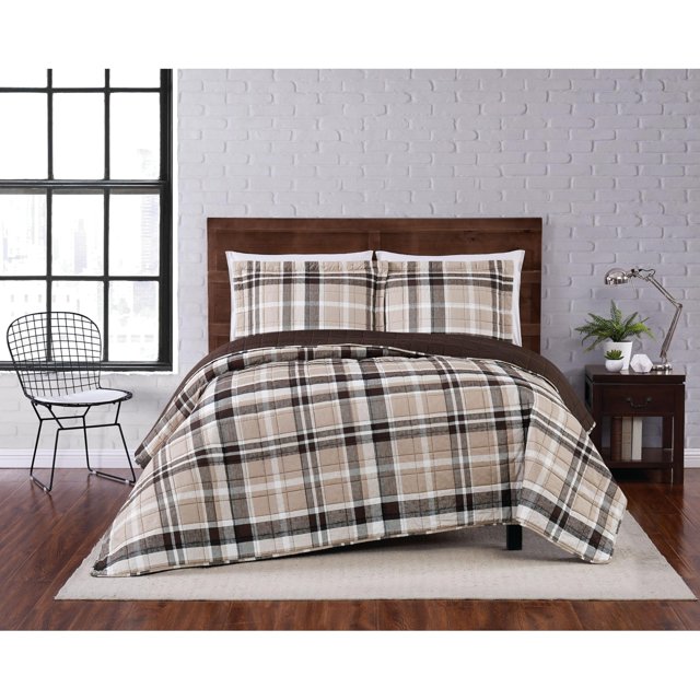 TRULY SOFT Paulette à Carreaux Taupe Grand Lit Simple TG Ensemble de Courtepointe 2 Pcs