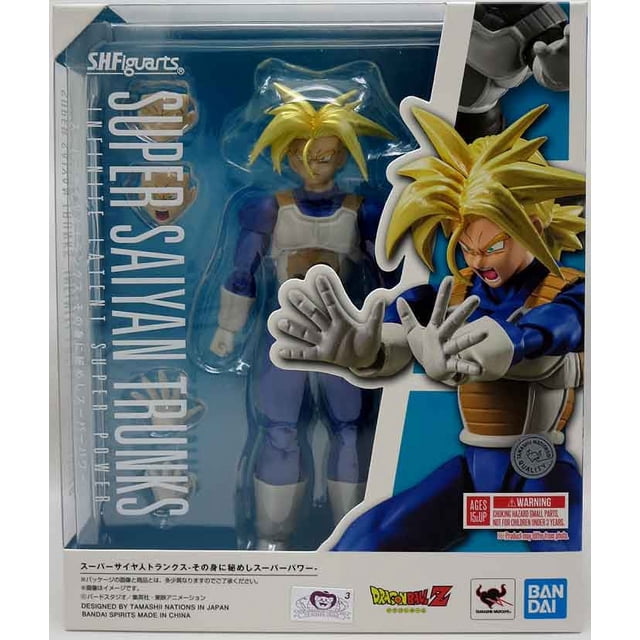 Dragonball Z 6 Inch Action Figure S.H. Figuarts - Infinite Latent Super Power SS Trunks Reissue. This collectible action figure by Tamashii Nations features Super Saiyan Trunks with faithful coloring and detailed design, capturing his on-screen appearance. The set includes two optional expressions, two pairs of optional hands, and crossed-arm parts for recreating iconic poses. Packaged in a branded box with clear display window, showcasing the figure and accessories. Suitable for ages 15 and up.