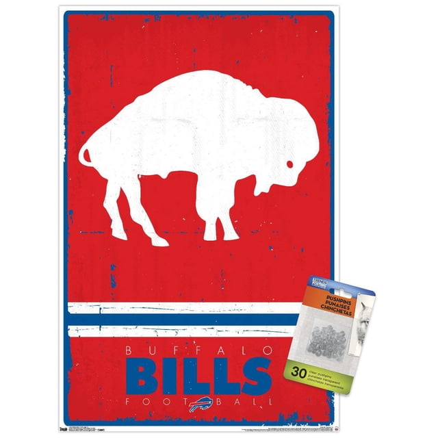 NFL Buffalo Bills - Affiche Murale Logo Rétro 15, 22,375 Po x 34 Po Mettant en Vedette une silhouette de Bison Blanc sur un Fond Rouge Vieilli avec des Rayures Bleues et Blanches et un Texte « Bills » Bleu Audacieux. Comprend 30 Punaises Transparentes pour une Suspension Facile et Sans Dommages, Convient à la Déco de la Maison Ou du Bureau.
