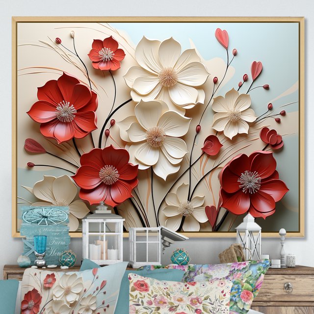 Designart art Mural Encadré avec Fleurs, art Mural Encadré avec Fleurs, Double Étreinte de Fleurs Cramoisies Rouges et Blanches, Très Grand art Mural Encadré Naturel, Cadre Couleur Brun Naturel 40x30 Pouces