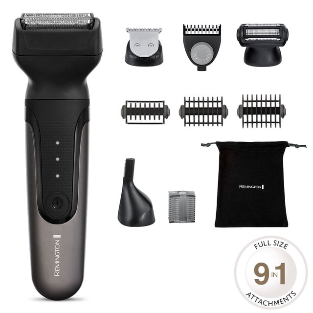 Remington ONE All-In-One Multi-Tool with 9 Attachments featuring a grey and black cordless body hair trimmer with textured grip, full-size foil shaver, 38mm T-blade trimmer, vertical nose and ear trimmer, three comb attachments, precision eyebrow trimmer, and black storage pouch, suitable for men's grooming and waterproof use.