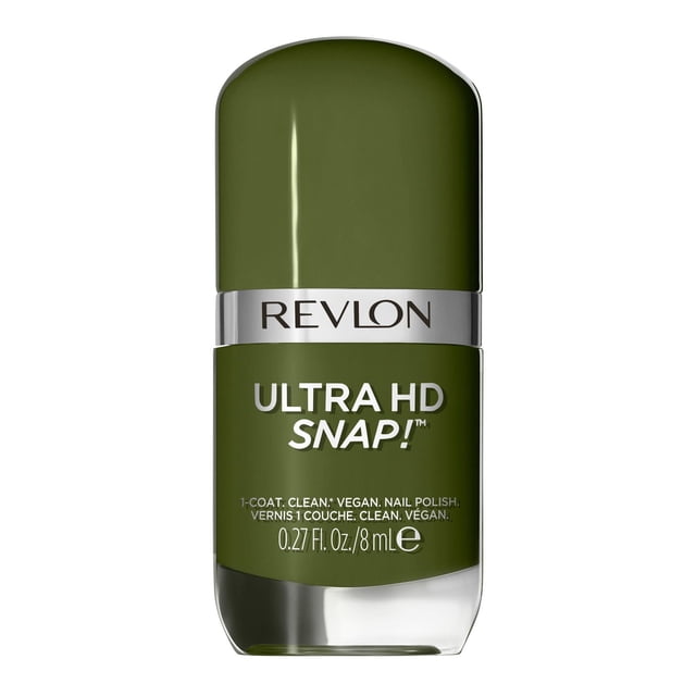 Revlon Ultra HD Snap Vegan Glossy Nail Polish 8mL in olive green with quick-drying, one-coat full coverage formula, ergonomic cap, and flat brush for easy, streak-free application. Made with 100% vegan, clean ingredients suitable for at-home manicures.