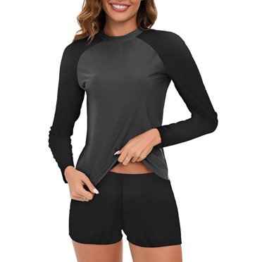TIMIFIS Women's Long Sleeve Swimming Top and Drawstring Boyshorts Swimsuit Two Piece Diving Bathing Suit for Surfing Swimming Snorkeling