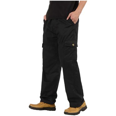 Cargo Pantalon pour Homme Décontracté Uni Jambe Droite Taille Élastique Cordon de Serrage Pantalon de Travail Multiples Poches Pantalon de Randonnée Sport Noir G