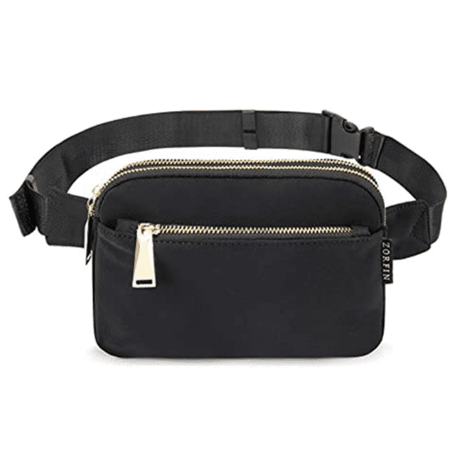 Sac Banane de Mode Noir au design Épuré, Doté de Cinq Compartiments Zippés pour un Rangement Organisé. Fabriqué en polyester durable avec Quincaillerie en Métal Doré et Fermetures Éclair Lisses. Taille Ajustable Convient aux Tailles de 22,5 à 59 Pouces, Convient aux Hommes, aux Femmes et aux Enfants. Idéal pour les Voyages, la Course, la Randonnée, le Vélo, les concerts et Plus.