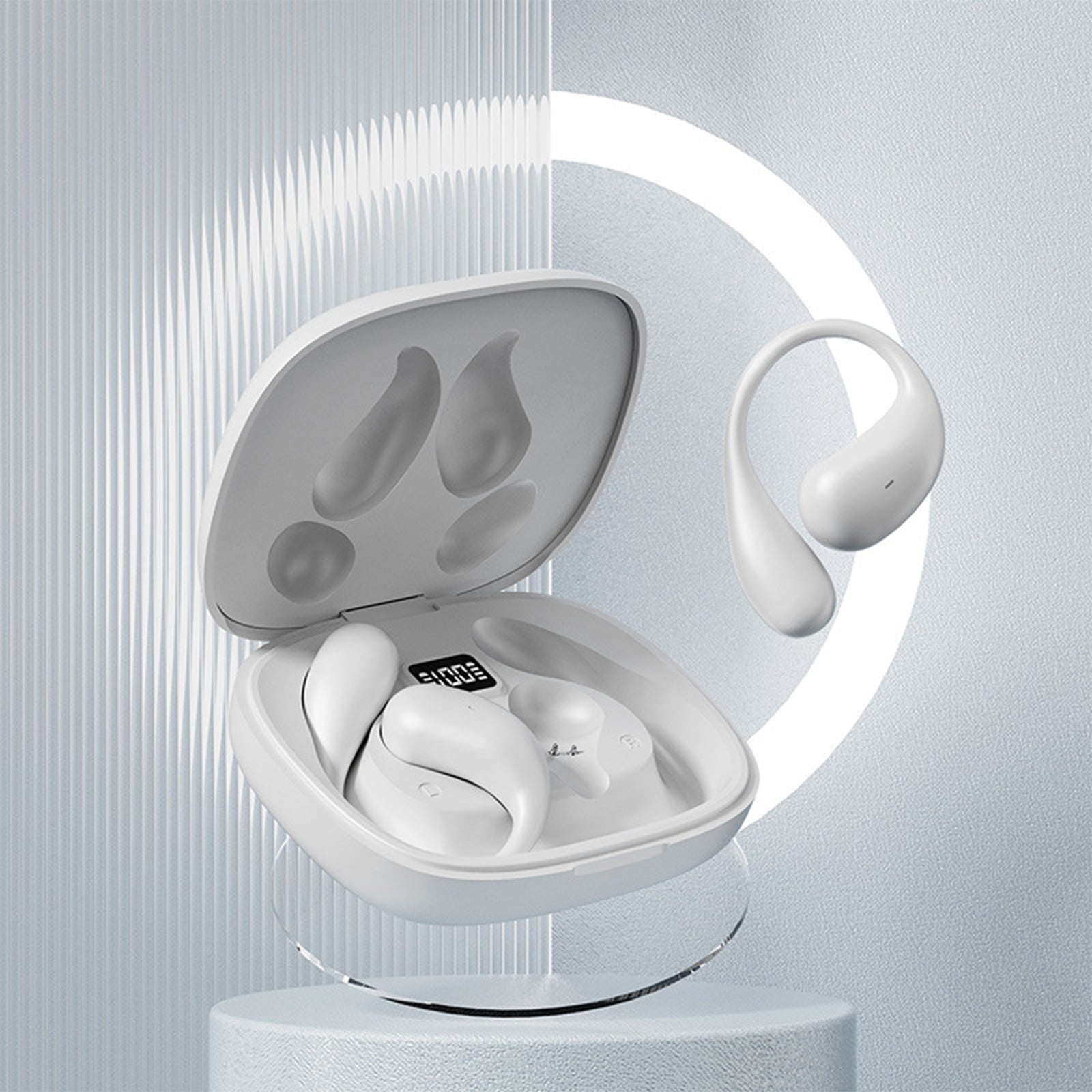 Wireless Bluetooth Earbuds with LED Display, 48H Playback, Sport Ear Hooks, Built-in Mic, 14.2mm Speaker, 6H Battery, Fast Charging Case - White/Beige