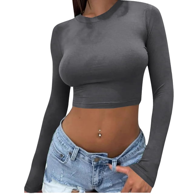 Yuyuzo Hauts de Sortie pour Femmes Chandails à Manches Longues Col Rond Crop Top Décontracté Ajusté T-Shirts Basiques