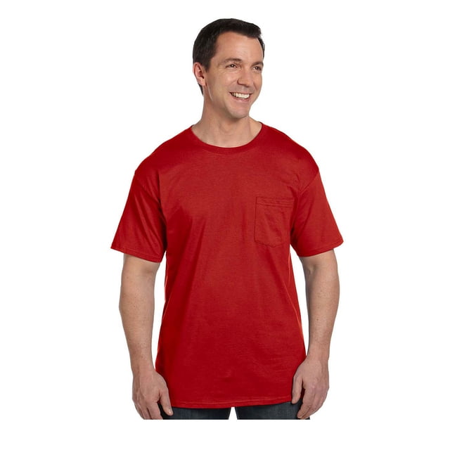 Hanes Beefy-T T-Shirt à Poche de Couleur Rouge Vif, Présentant un Col Rond Classique et une Poche Poitrine Unique. Fabriqué en Coton 100 % Filé à l'Anneau Pré-Rétréci avec un Poids de 6,1 Oz/yd2 pour la Durabilité et le Confort. Étiquette Noire Transition vers Étiquette Détachable.