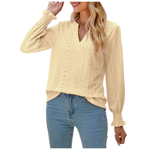 IROINID Reduced Womens Long Sleeve V-Neck Shirts Lounge Comfortable Solid Color Ruffle Sleeve Tops Blouse,Yellow