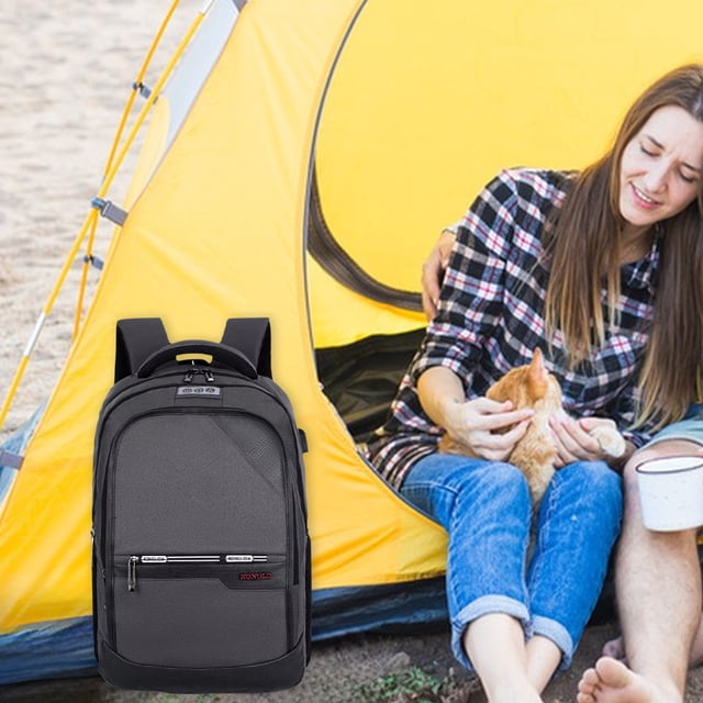 Sac à Dos pour Ordinateur Portable Grande Capacité 16 Pouces / Sac de Voyage en Lin à Compartiments Multiples / Port de Chargement USB / Bretelles Rembourrées Ajustables / Dos Ventilé / Sac de Randonnée Unisexe pour l'Extérieur et le Travail / 44x30x18 cm / 1 Pce
