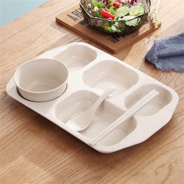 EARKITY Divided Plates, Reusable Unbreakable Wheat Straw Plates, 5 Compartment Lunch Trays, Rectangular Portion Control Plate With Spoon Chopsticks Bowl, Dishwasher Safe