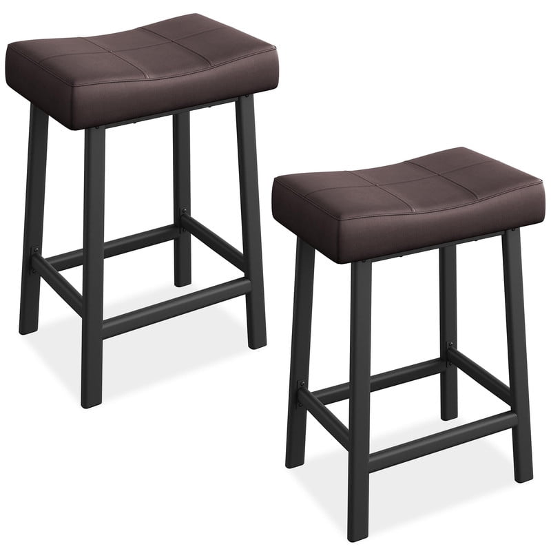 Counter Height Bar Stools Set of 2, 24 Inch Barstools for Kitchen Island Counter, Bonded Leather Kitchen Stools with 2.4" Thick Saddle Seats for Dining Room, Black & Brown