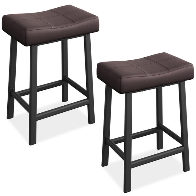 Counter Height Bar Stools Set of 2, 24 Inch Barstools for Kitchen Island Counter, Bonded Leather Kitchen Stools with 2.4" Thick Saddle Seats for Dining Room, Black & Brown