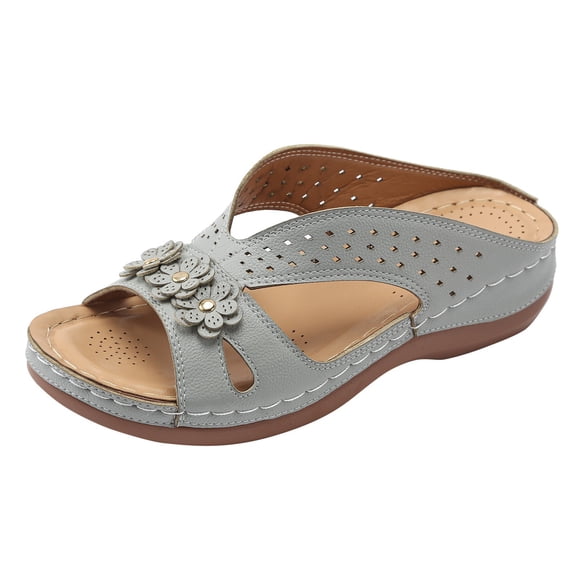 Orthopedic Beach Slides Sandals for Women 2025 Boho Flower Leather Orthotic Wedges Dress Slip on Summer Shoes