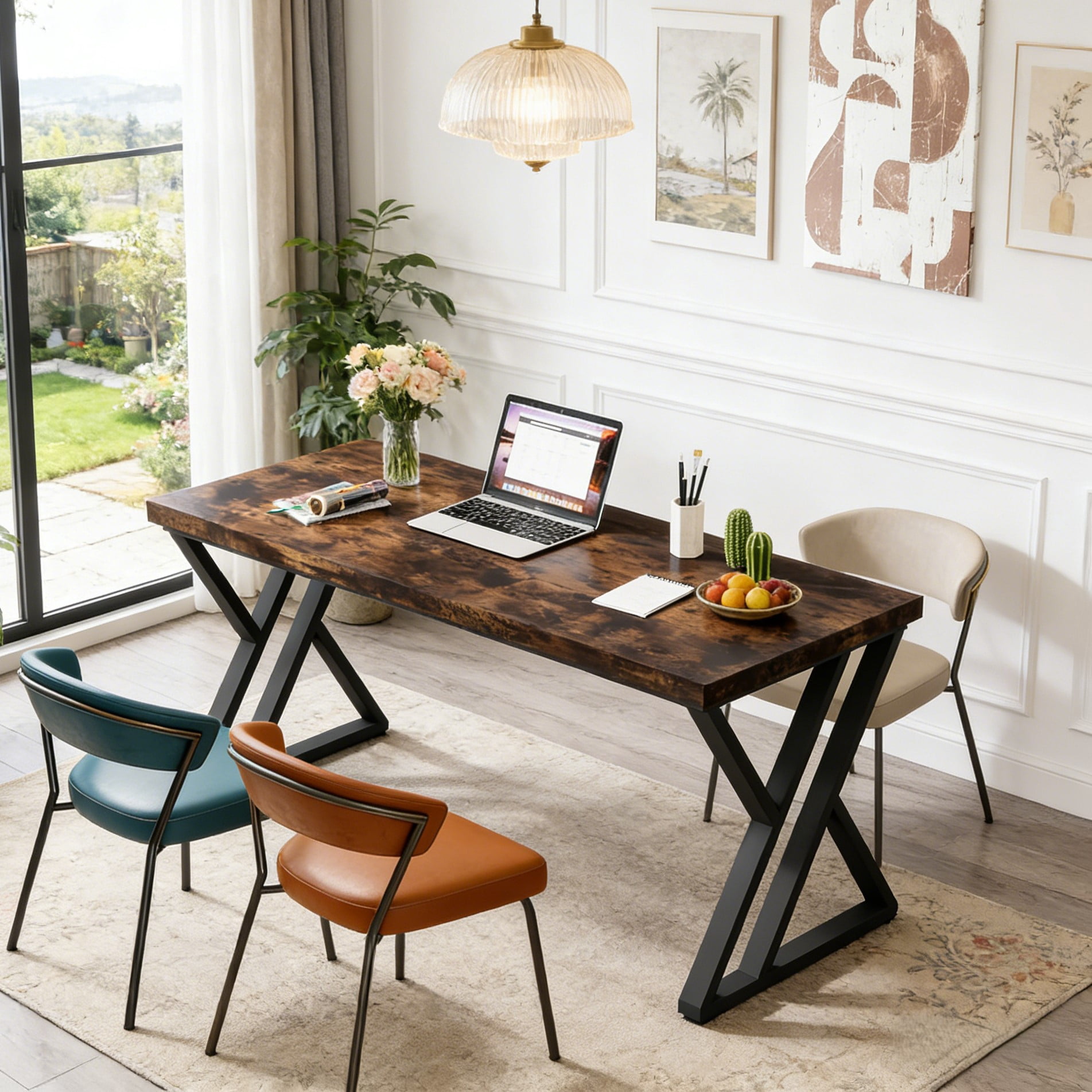 Fnova 55.12" Modern Computer Desk with Wood Tabletop, Metal Frame Office Desk, Brown