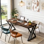 Fnova 55.12" Modern Computer Desk with Wood Tabletop, Metal Frame Office Desk, Brown