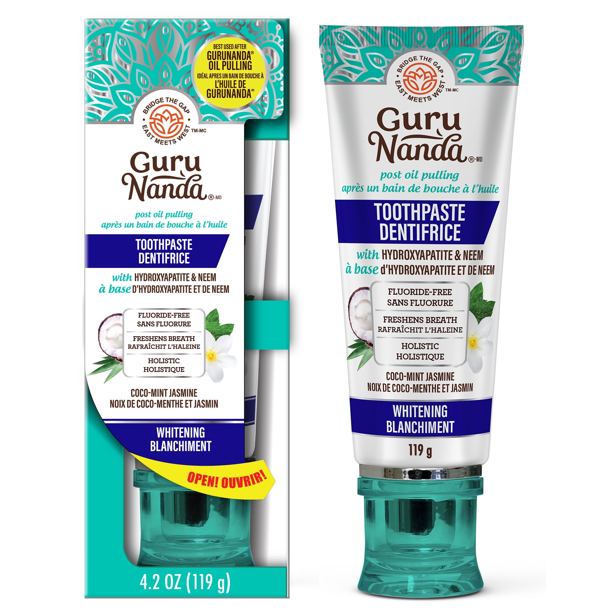 GuruNanda Dentifrice Blanchissant avec Neem & Hydroxyapatite, Noix de Coco-Menthe et Jasmin, Sans Fluorure, 119g