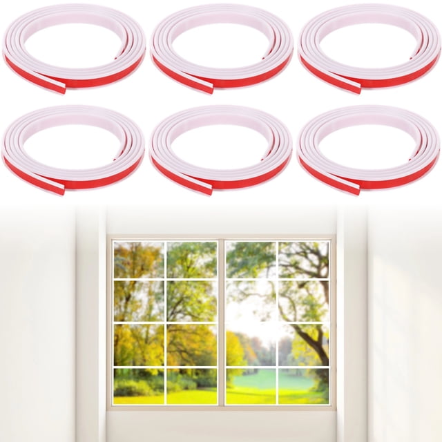 6 PCS Window Grid Trims, 39.4 Ft Peel and Stick Window Trims, DIY Window Grille Inserts Grid Kit. The image shows six rolls of white TPE window trims with red adhesive backing, each roll measuring 6.6 feet. Below, a window with a grid design demonstrates the product's application, enhancing the frame's appearance. Suitable for various settings like living rooms, kitchens, and bathrooms.