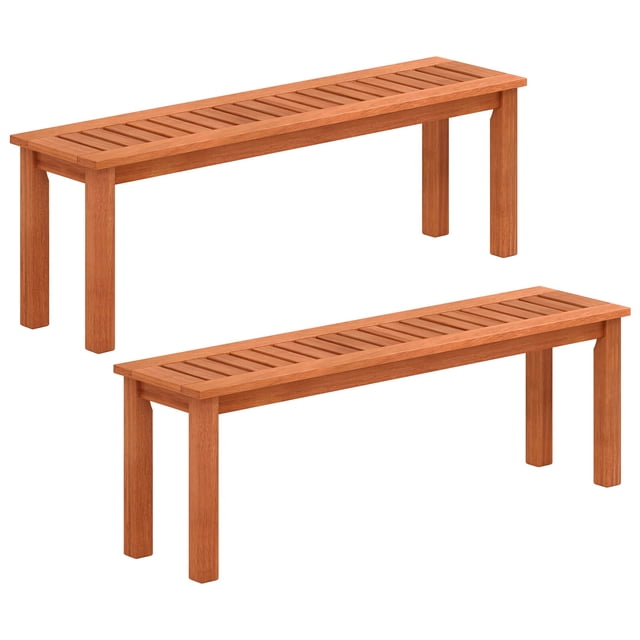 Costway 2 PCS 47 Inch Patio Wood Bench 2-Person Backless Bench with Slatted Seat Teak