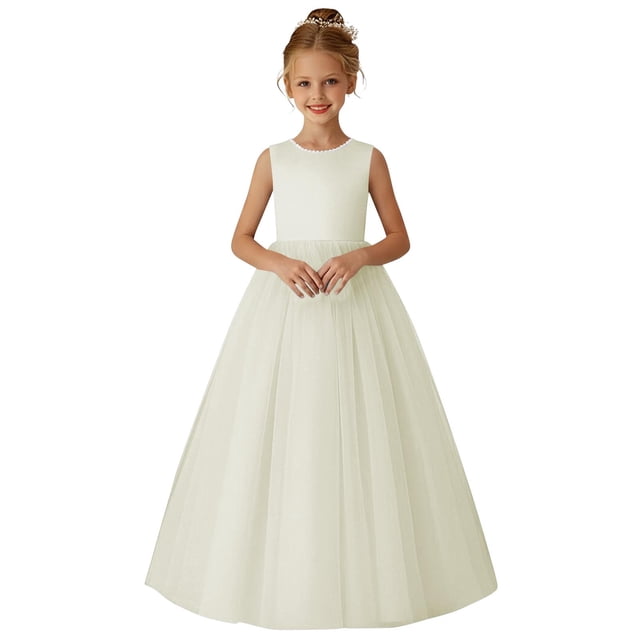 Wo-Fusoul Robe d'Anniversaire pour Filles, Robe de Princesse d'Été Sans Manches à Col Rond en Tulle et Maille, Robe de Fête pour Enfants de 1 à 15 Ans