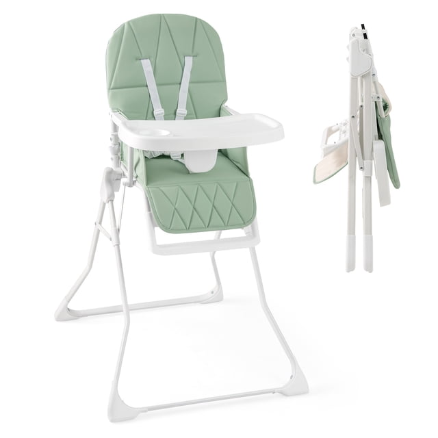 Gymax Chaise Haute Pliable Verte avec Plateau Amovible et Ajustable, Coussin en PU et Harnais de Sécurité à 5 Points. Dotée de Pieds Antidérapants, d'Un Pare-Chute et d'Un Plateau Compatible Lave-Vaisselle. Conception Compacte et portable Idéale pour le Rangement Ou les Voyages.