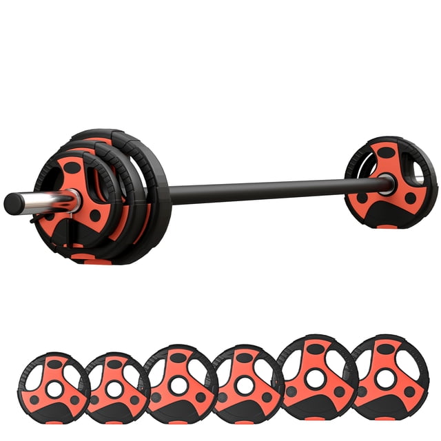 Soozier Ensemble de Poids d'Haltère Réglables de 44 Lb pour l'Entraînement à Domicile, Conçu pour l'Entraînement de Force, Comprenant une Barre Métallique Noire et Rouge avec Trois Disques de Poids Différents : 11 Lb, 5,5 Lb et 2,8 Lb. Comprend des Disques Revêtus de PU pour la protection du Plancher, une Poignée Antidérapante pour une Prise Sûre et des Fixations d'Extrémité pour Maintenir les Disques en place. Idéal pour les Haltérophiles Débutants et Intermédiaires pour Travailler Bras, Jambes, Poitrine, Dos et Épaules