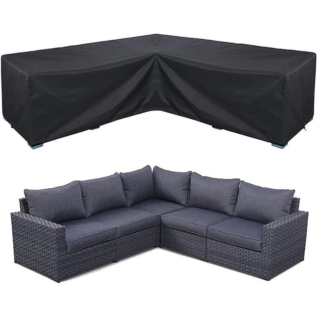 Corner Sofa Cover Waterproof Garden Furniture Set Cover designed for outdoor sectional furniture. Made of heavy-duty Oxford fabric with a UV-stabilized coating and PVC-free water-resistant laminated backing for durability and weather resistance. The black V-shaped cover provides complete protection against wind, rain, frost, UV rays, dirt, and dust. Easy to install with windproof straps and simple to clean by wiping with water. Includes a storage bag for convenience.