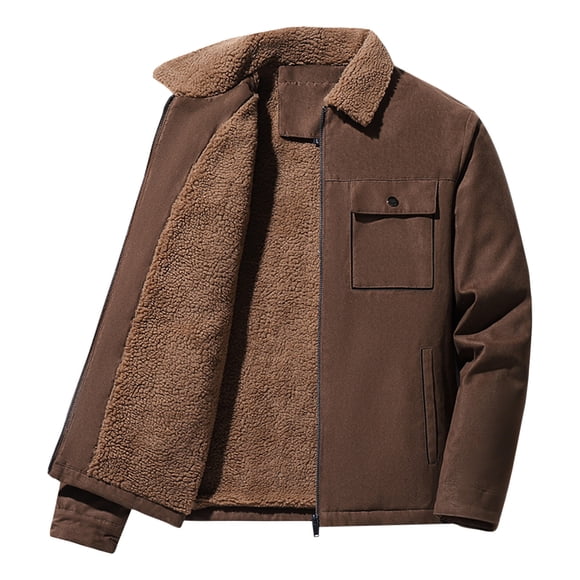 Lovzfmll Men's Suede Sherpa Jacket, Thickened Fleece Lining, Lapel Collar Zip Front, Long Sleeve Warm Coat, Winter Jackets for Men