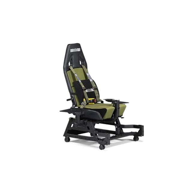 Flight Seat Pro Boeing Édition Militaire NLR-S039 Chaise de gaming avec Siège et Dossier Rembourrés Vert olive et Noir, Équipée d'Un Harnais à Cinq Points, Montée sur un Cadre en Métal Noir avec Roulettes, Offrant un Soutien Ergonomique pour les Installations de Meubles de gaming.