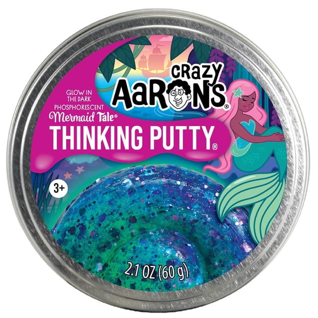 Crazy Aaron's 3.5" Putty-Mermaid Tail Thinking Putty tin with purple and turquoise glittery putty that glows in the dark, designed for sensory play and tactile stimulation, featuring a mermaid illustration and suitable for ages 3 and up.