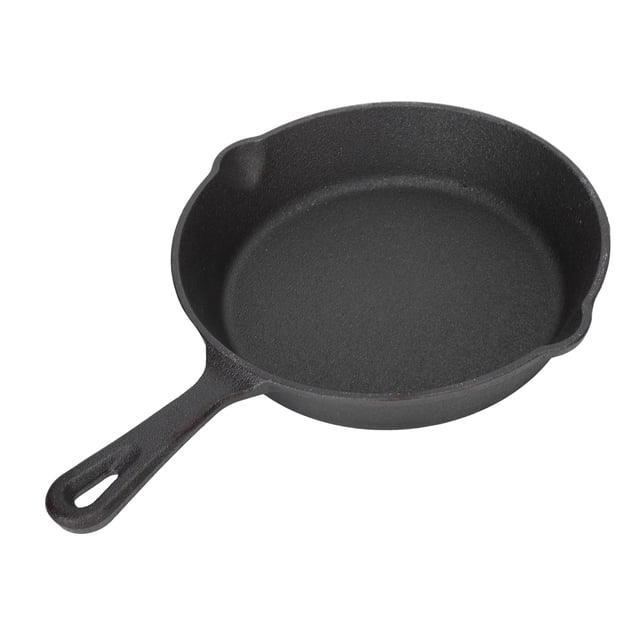 Mini cast iron skillet by Staiysm, featuring a durable cast iron construction with a black matte finish. The skillet has a round shape with a flat base, a long handle with a hanging hole, and two pour spouts for easy handling. Designed for even heat distribution and retention, it is oven safe up to 500℉ and compatible with various heat sources, including stovetops, ovens, and grills. Ideal for traditional and slow cooking techniques.