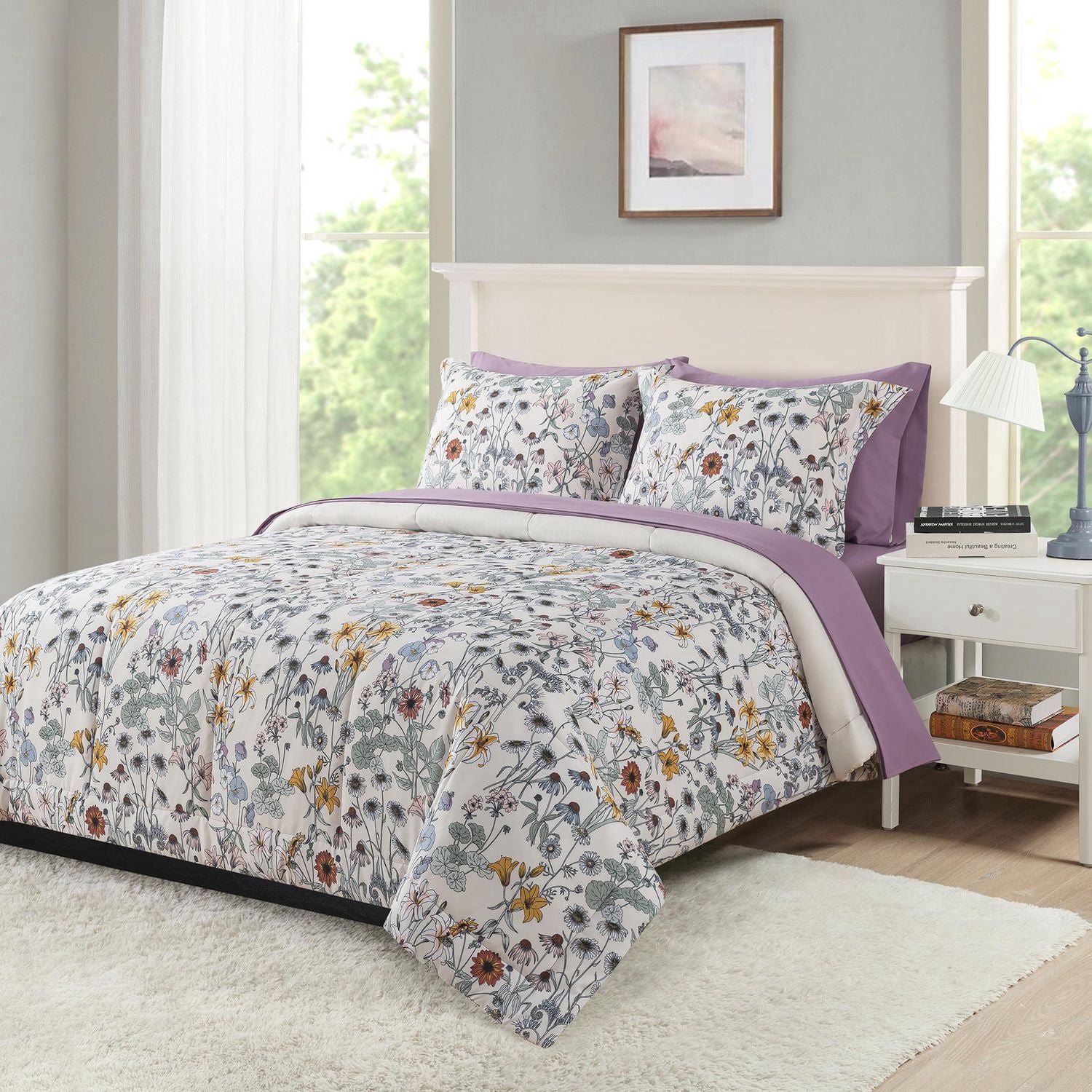 Mainstays – Ensemble de literie tout-en-un réversible avec couette et draps, 7 pièces, double (Full), floral multicolore sur fond blanc