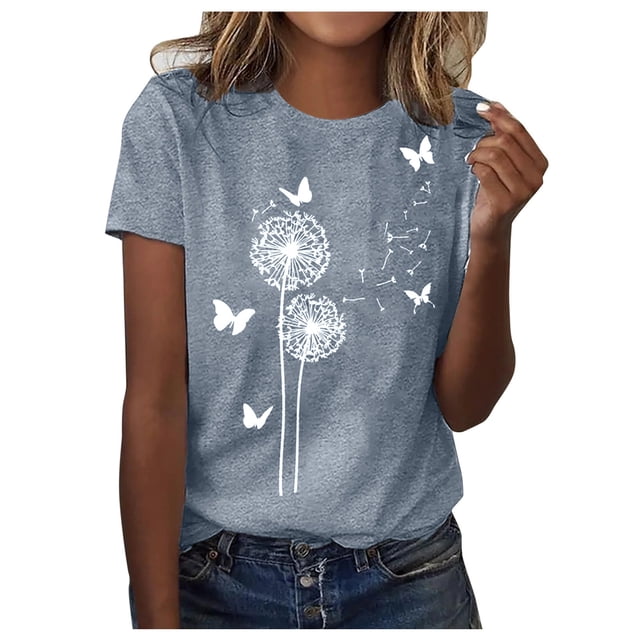 T-shirt à Col Rond à Manches Courtes pour Femmes, Imprimé d'Été Mode, Gris, Coupe Décontractée avec Imprimé Pissenlit Blanc et Papillon à l'Avant. Fabriqué en imitation Coton, Haut à Manches Courtes à Enfiler, Convient aux occasions de Printemps et d'Été comme les Sorties Décontractées, les Fêtes Ou les Vacances. Offert en Tailles P à TTG.