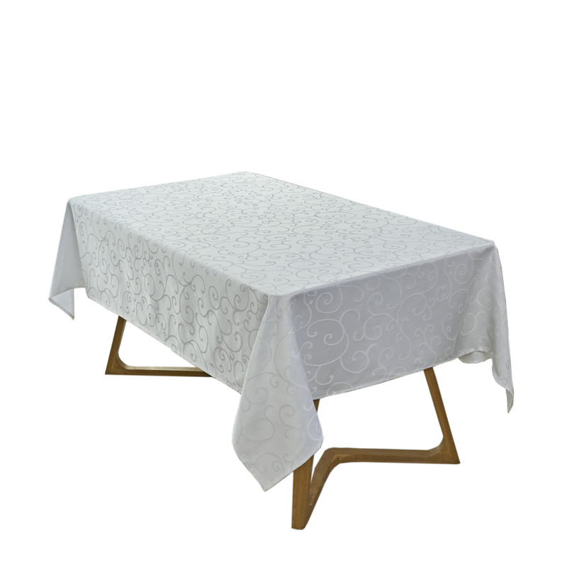 Nappe décorative Jacquard imperméable, épaisse et élégante, de qualité supérieure, à motif damassé uni volutes, résistante aux liquides taches, blanche, forme oblongue (152 x 305 cm)