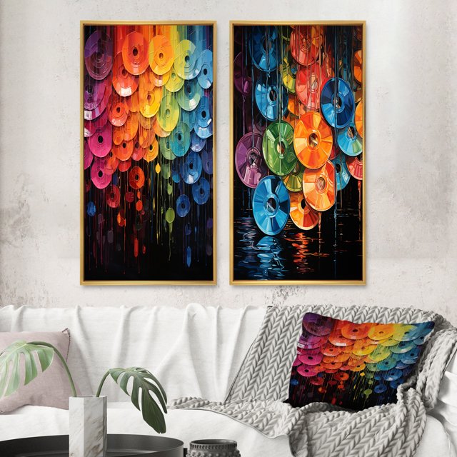 Designart « Shimmering Beats Compact Discs wall art II » Ensemble de 2 Toiles Encadrées à Disques Compacts - Ensemble de Toiles Encadrées Multicolore pour Déco de Salon