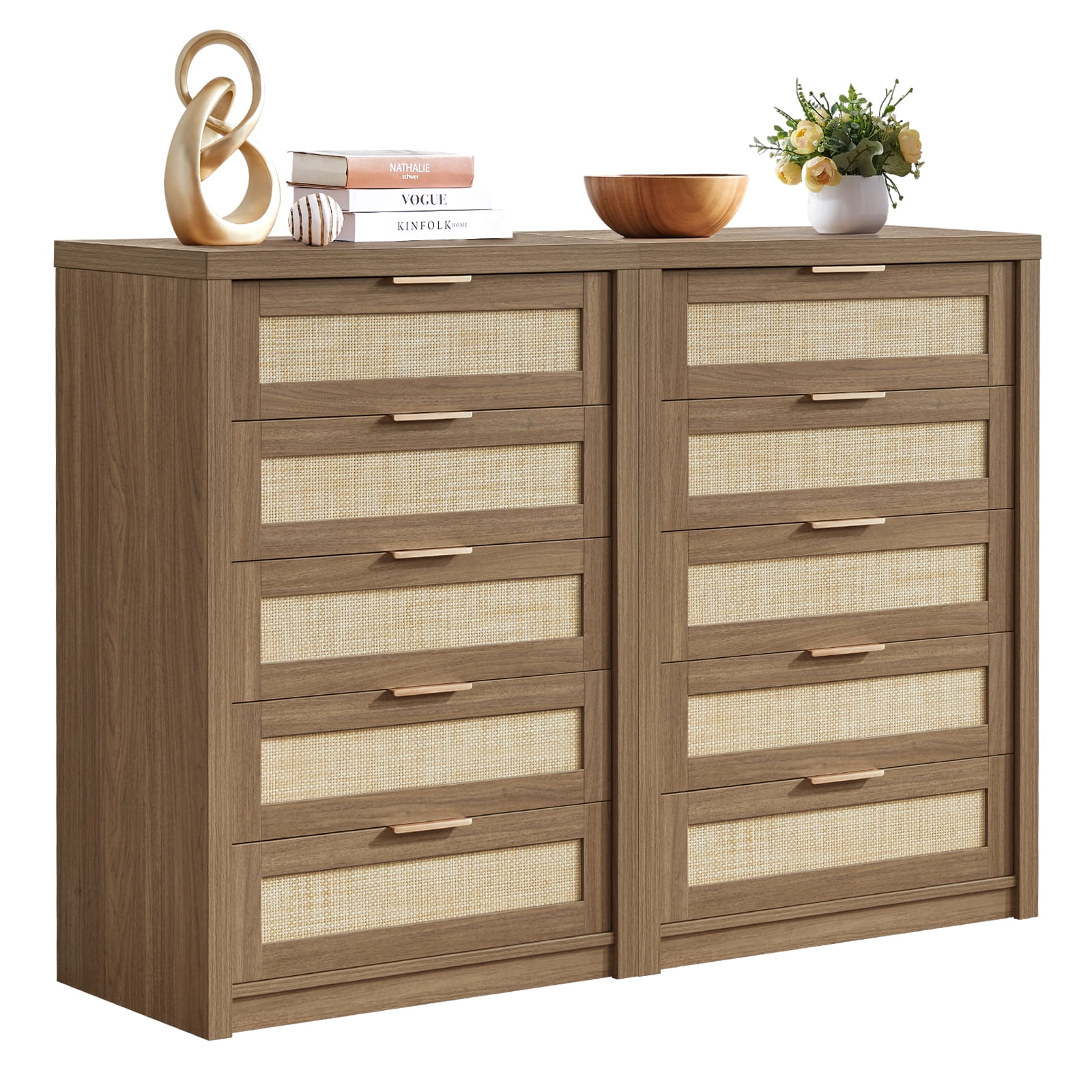 OAKHAM Commode 5 Tiroirs, Grand Commode en Rotin pour Chambre à Coucher Salon, Ensemble de 2, Noyer Spécial