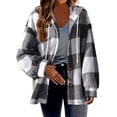 thumbnail image 1 of Fartey Plus Size Womens Plaid Fleece Shacket Jacket Oversized Flannel Button Down Fall Hoodie Jackets with Drawstring Warm Winter Coats Gray L, 1 of 7
