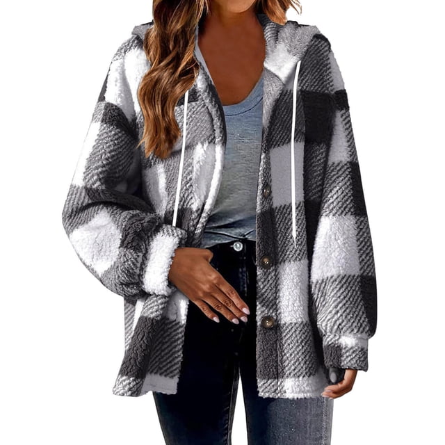 Fartey Plus Size Womens Plaid Fleece Shacket Jacket Oversized Flannel Button Down Fall Hoodie Jackets with Drawstring Warm Winter Coats Gray L