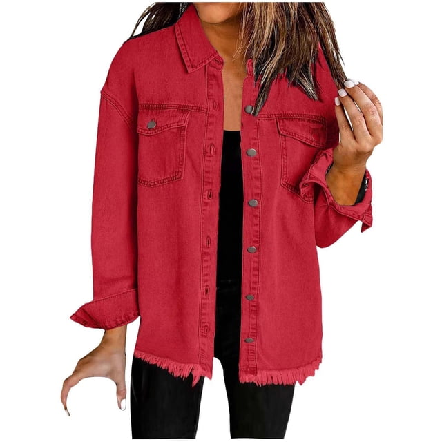 Tenues Rouges pour Femmes à Manches Longues pour Dames Col Roulé Cardigan Cowgirl en Faux Denim Uni Automne Hiver à Boutons 2025 Vêtements Coupe Régulière Concert Country m