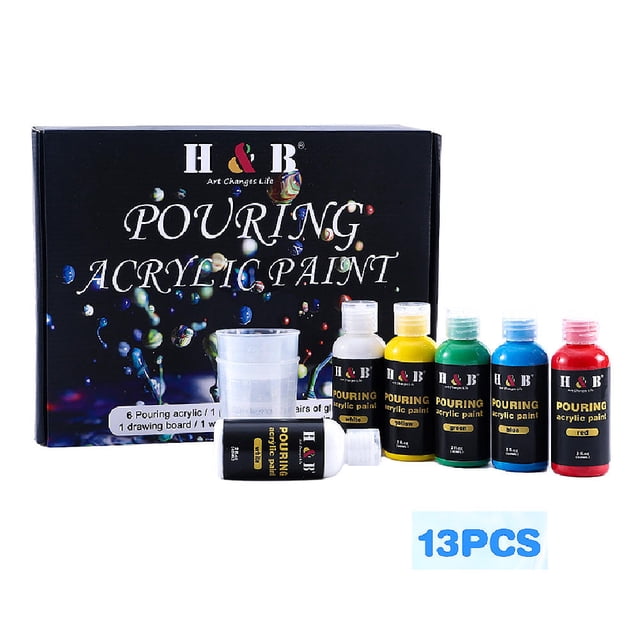 13Pcs Fluid Pouring Acrylic Paint Set with six bottles of pre-mixed pouring acrylic paint in white (2), blue, green, yellow, and red, plus a PVC tablecloth, two measuring cups, two pairs of gloves, a plastic palette knife, and a drawing board. Perfect for fluid art, abstract painting, DIY projects, and art supplies enthusiasts.