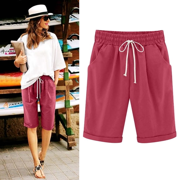 Women's High Waist Beach Shorts - Lacing Five Point Pants with Pockets, Polyester Workout Casual Wear
