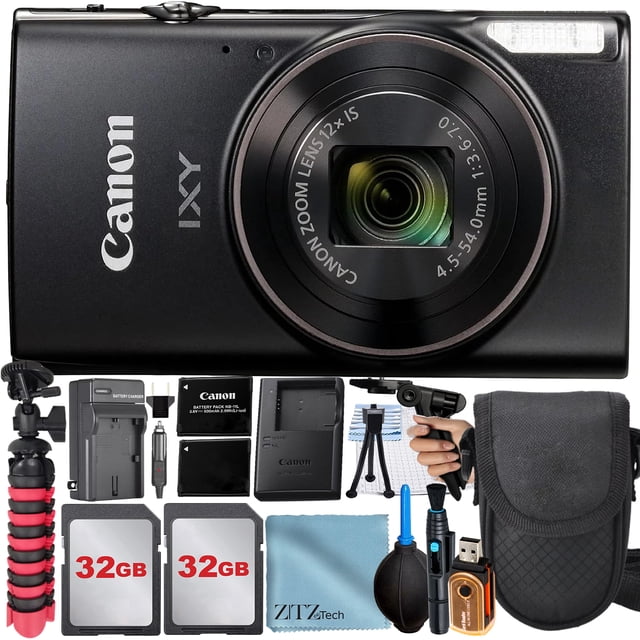 Canon PowerShot IXY 650 (ELPH 360) HS Digital Camera (Black) with 2 Pack 32GB Memory Card + Case + Tripod + ZeeTech Professional Bundle