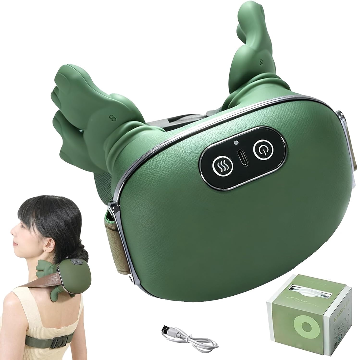 Bionic Heated Massager, Portable Shiatsu Neck and Back Massager, Electric Deep Tissue 4D Kneading Massage, Simulated Human Hand Design for Pain Relief and Muscle Relax (Green)