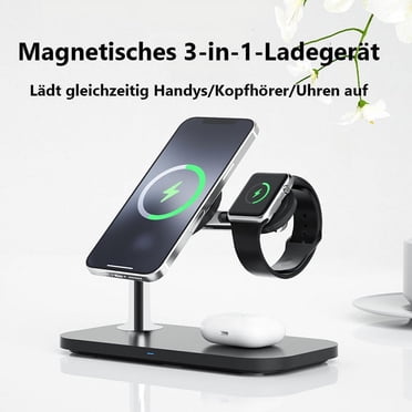 Auckly 3 in 1 Qi 15W Magnetic Wireless Charger, Wireless Charger Compatible with MagSafe Phone Holder for iPhone 12/13/Pro/Max/Mini, Fast Inductive Charging Station for Apple Watch 1-7, Airpods Pro