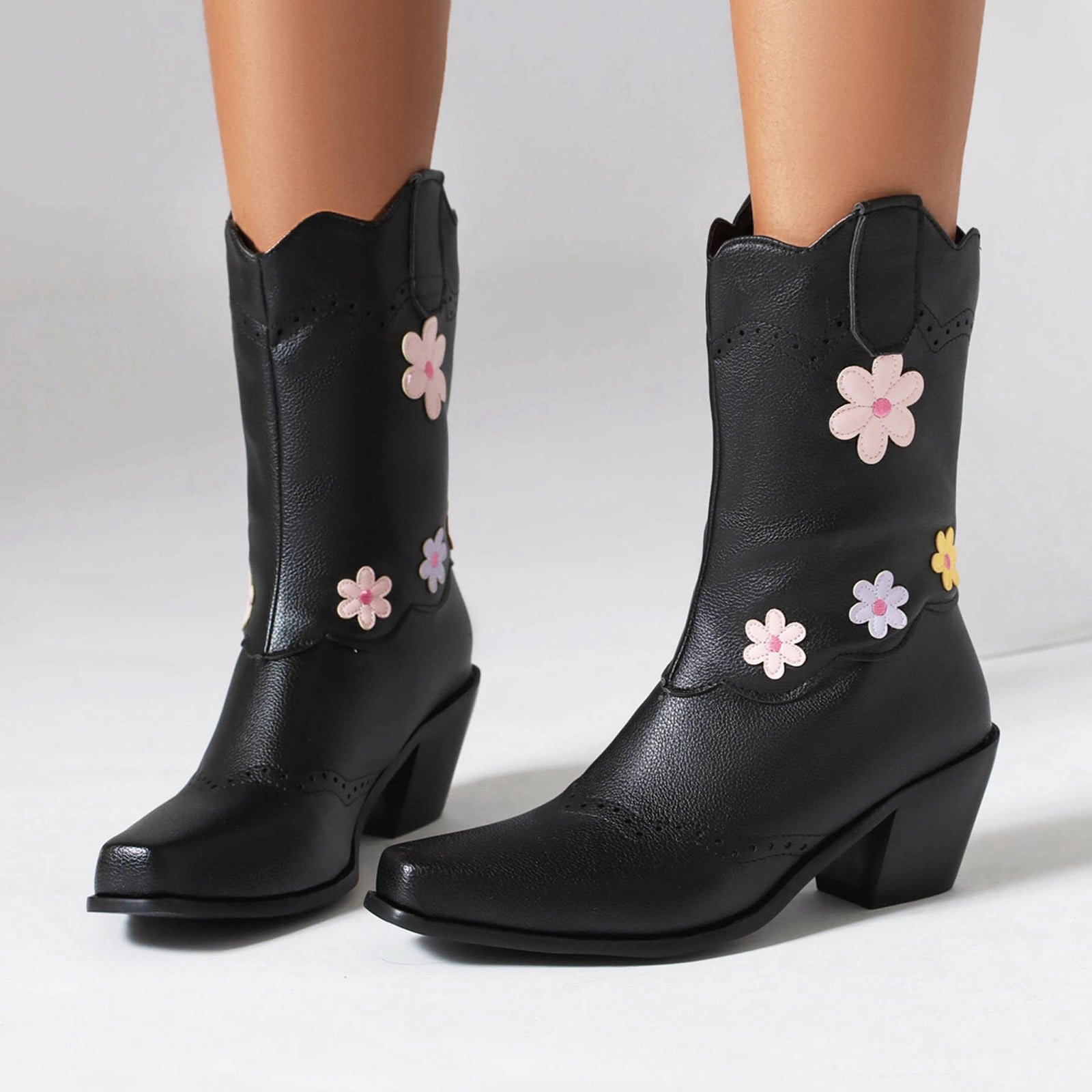 Pisexur Cowboy Boots for Womens Western Boots With Embroidered, Pull-On Chunky Square Toe Chunky Heel Ankle Boots, Durable and Fashionable Retro Classic Short Boots For Spring Fall