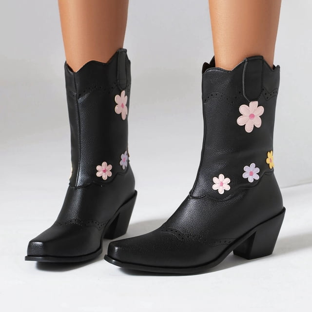Pisexur Cowboy Boots for Womens Western Boots With Embroidered, Pull-On Chunky Square Toe Chunky Heel Ankle Boots, Durable and Fashionable Retro Classic Short Boots For Spring Fall